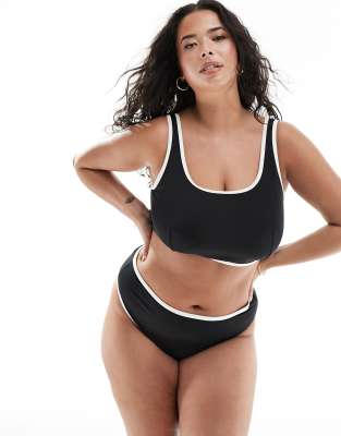 ASOS DESIGN Curve - Stützende Bikinihose mit kontrastierender Einfassung, hohem Beinausschnitt und hoher Taille in Schwa...