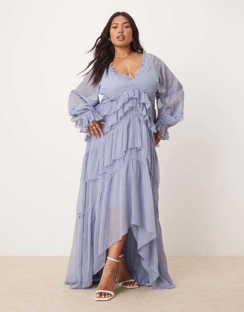 ASOS DESIGN Curve - Støvet blå maxikjole med niveauinddeling og flæser samt V-form foran og høj/lav-sømkant samt pintucks - view 1