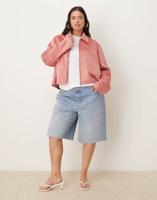 ASOS DESIGN Curve - Støvet rosa jakke med krave i imiteret ruskind, 3 af 4