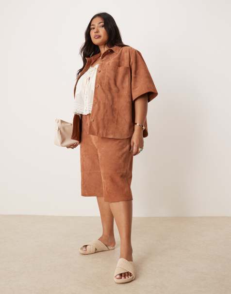 ASOS DESIGN Curve suede bermuda shorts in tan - part of a set - view 1