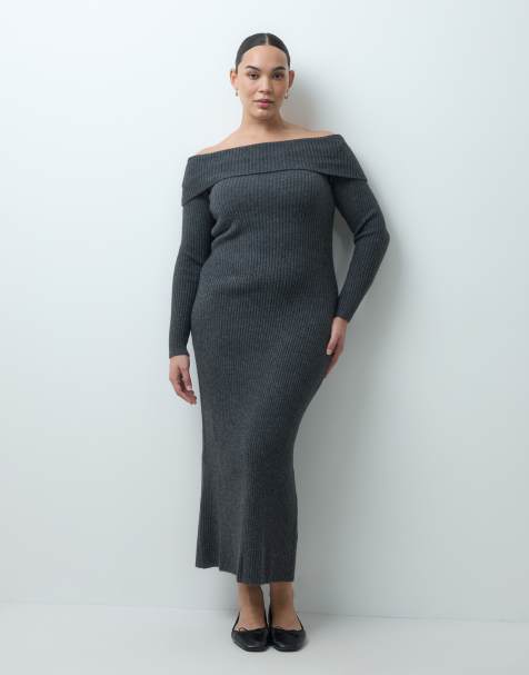 ASOS DESIGN Curve sukienka dzianinowa midi z odkrytymi plecami i dekoltem bardot w kolorze charcoal - view 1
