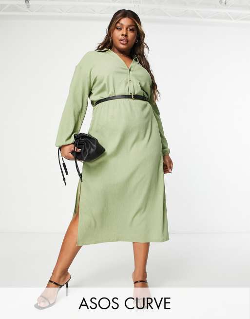 ASOS DESIGN Curve – Sukienka koszulowa midi z długimi rękawami i paskiem w kolorze khaki