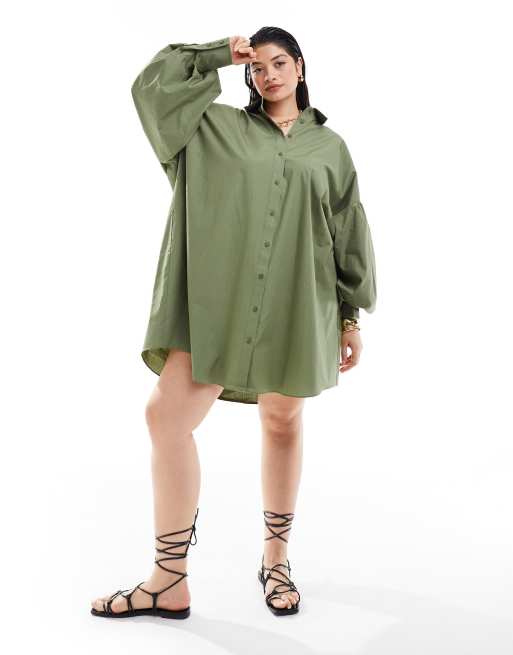 ASOS DESIGN Curve – Sukienka koszulowa mini o fasonie boyfriend z obszernymi rękawami w kolorze khaki