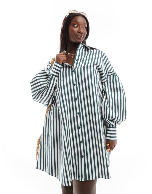ASOS DESIGN Curve – Sukienka koszulowa mini o fasonie boyfriend z obszernymi rękawami z obcisłym mankietem w zielone paski