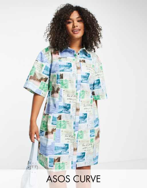 ASOS DESIGN Curve – Sukienka koszulowa mini z diagonalu w pocztówkowy wzór