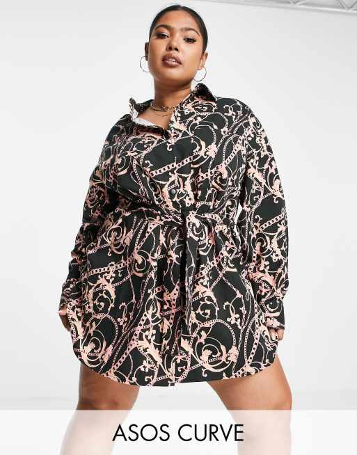 ASOS DESIGN Curve – Sukienka koszulowa nad kolano z paskiem z diagonalu w nadruk łańcuchów