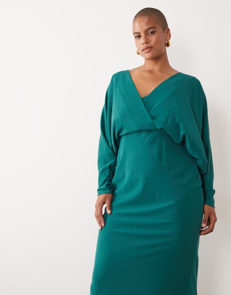 ASOS DESIGN Curve sukienka maxi kopertowa z rękawami nietoperzowymi w kolorze turkusowym - view 1