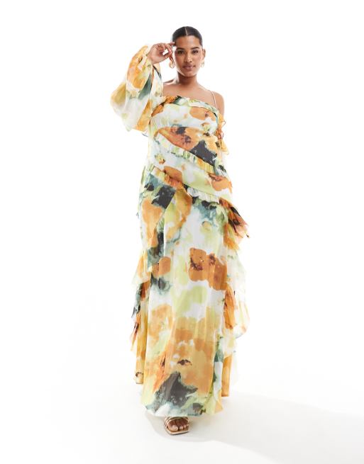 ASOS DESIGN Curve – Sukienka maxi na ramiączkach z odkrytymi ramionami i falbankami w abstrakcyjny kwiatowy wzór