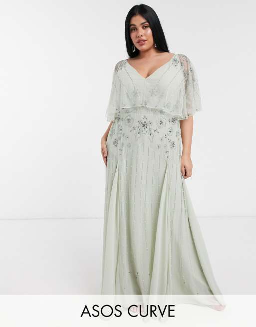 ASOS DESIGN Curve – Sukienka maxi w kolorze miętowym z pelerynką i kwiatowymi zdobieniami
