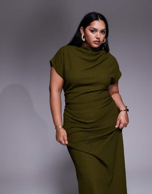 ASOS DESIGN Curve – Sukienka maxi z drapowanymi rękawkami w kolorze khaki, 2 z 4
