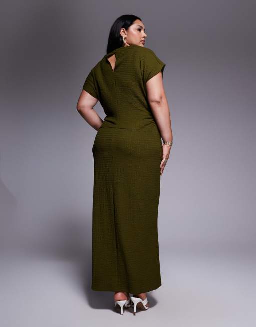 ASOS DESIGN Curve – Sukienka maxi z drapowanymi rękawkami w kolorze khaki, 3 z 4