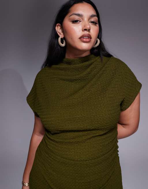 ASOS DESIGN Curve – Sukienka maxi z drapowanymi rękawkami w kolorze khaki, 4 z 4