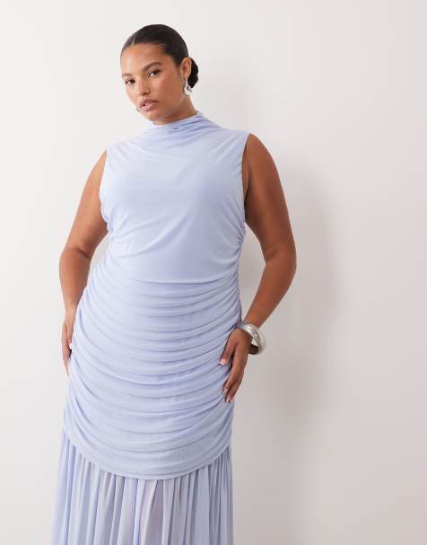 ASOS DESIGN Curve sukienka maxi z marszczeniem, obniżoną talią i siateczki w kolorze baby blue - view 1