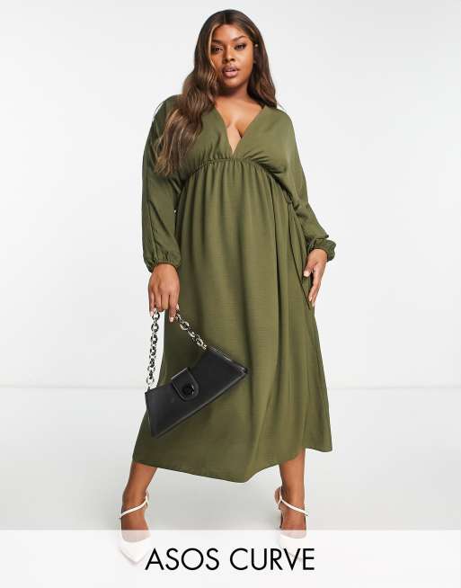 ASOS DESIGN Curve – Sukienka maxi z nietoperzowymi rękawami i elastyczną talią w kolorze khaki