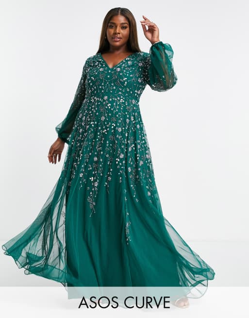 ASOS DESIGN Curve – Sukienka maxi z obszernymi rękawami, obcisłym mankietem i subtelnymi kwiatowymi zdobieniami