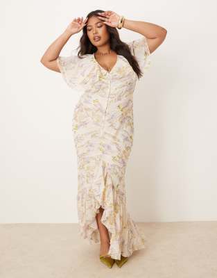ASOS DESIGN Curve – Sukienka maxi z zaszewkami i krótkimi zwiewnymi rękawami w kwiatowy wzór - view 1