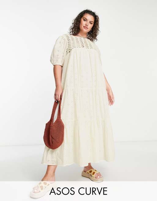 ASOS DESIGN Curve – Sukienka midi w naturalnym kolorze z angielskim haftem i szydełkowaną wstawką