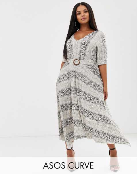 ASOS DESIGN Curve Sukienka midi z dekoltem w kształcie litery V z plisowaną spódnicą i paskiem ze wzorem skóry węża - view 1
