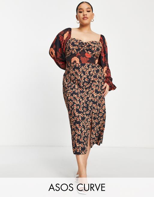 ASOS DESIGN Curve – Sukienka midi z długimi rękawami w mieszany kwiatowy wzór