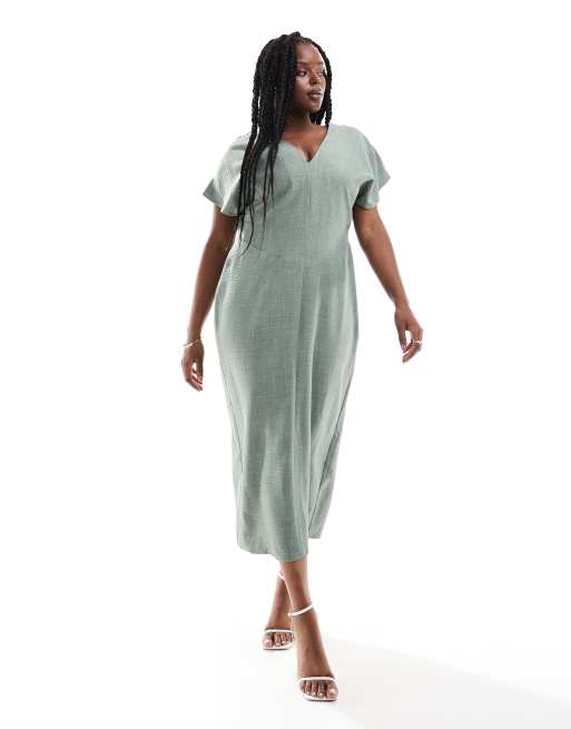 ASOS DESIGN Curve – Sukienka midi z głębokim dekoltem i rozkloszowanymi rękawami w kolorze khaki