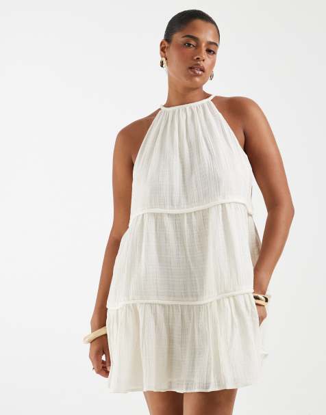 ASOS DESIGN Curve sukienka mini na ramiączkach typu halter z warstwową spódnicą i grubą lamówką w kolorze kremowym - view 1