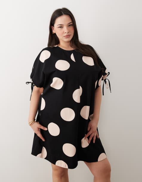 ASOS DESIGN Curve – Sukienka mini w grochy z okrągłym dekoltem i wiązaniem przy rękawach - view 1