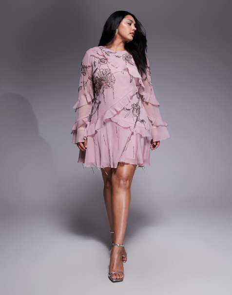 ASOS DESIGN Curve raw edge ruffle embellished mini dress with open back in dusky pink