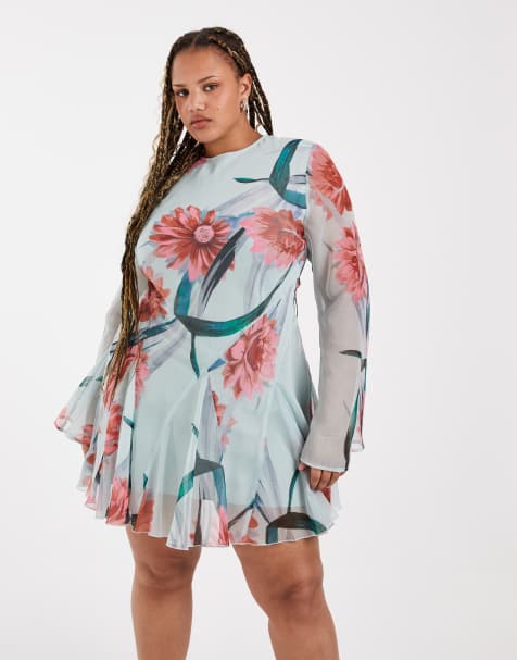 ASOS DESIGN Curve – Sukienka mini z długimi rękawami w kwiatowy wzór - view 1