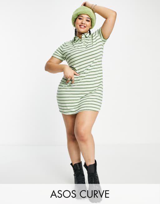 ASOS DESIGN Curve – Sukienka mini z kołnierzykiem polo i krótkimi rękawami w zielone paski