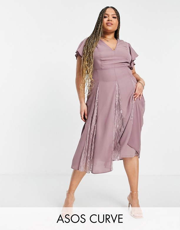 ASOS DESIGN Curve – Sukienka o długości midi z koronkowymi wstawkami FioletoworÓżowy Kolorowy 