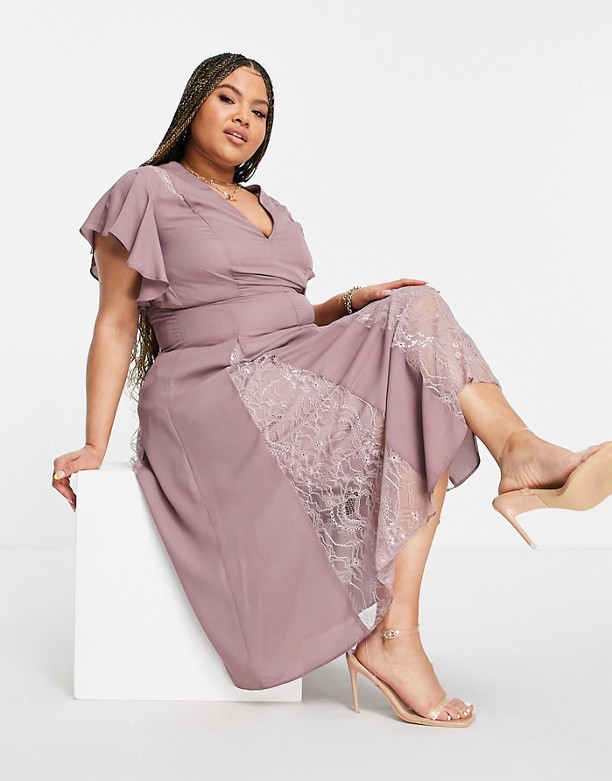 ASOS DESIGN Curve – Sukienka o długości midi z koronkowymi wstawkami FioletoworÓżowy Kolorowy 