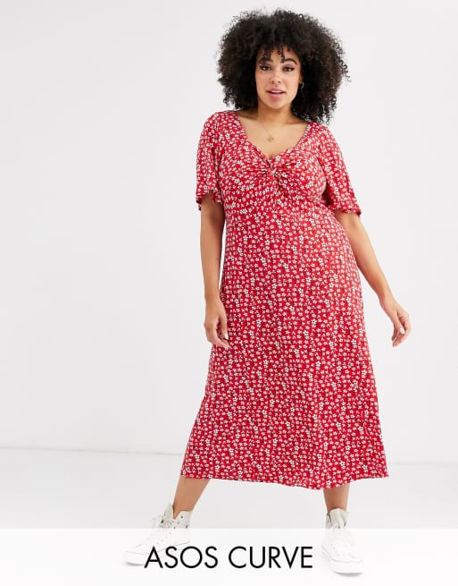ASOS DESIGN Curve – Sukienka o długości midi z kwadratowym dekoltem z twistem z materiału z nadrukiem