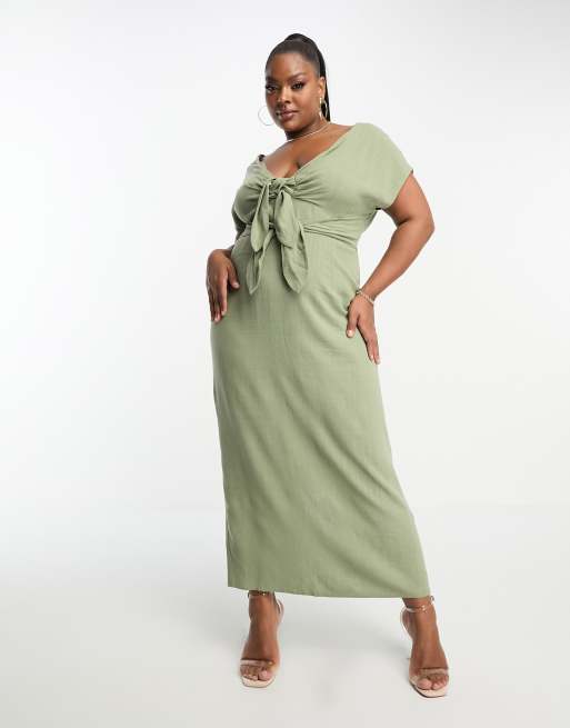 ASOS DESIGN Curve – Sukienka ołówkowa midi w kolorze khaki z domieszką lnu, z dekoltem w kształcie litery V i podwójną kokardą