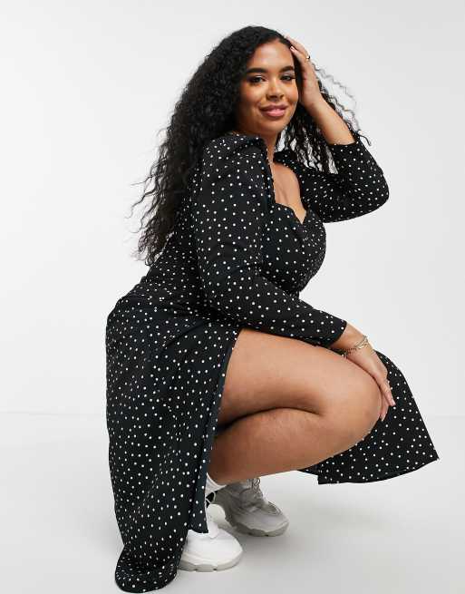 ASOS DESIGN Curve – Sukienka skater midi z dekoltem karo i wzorem w grochy, 4 z 4