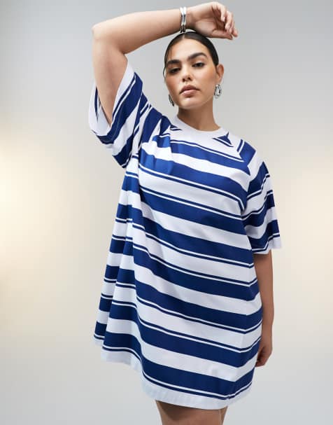ASOS DESIGN Curve T shirt swing mini dress in blue stripe