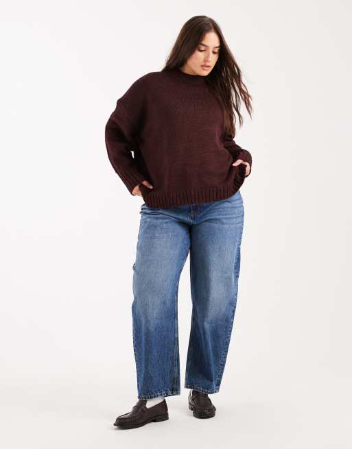 ASOS DESIGN Curve super oversized chunky crew neck sweater with curved hem in burgundy