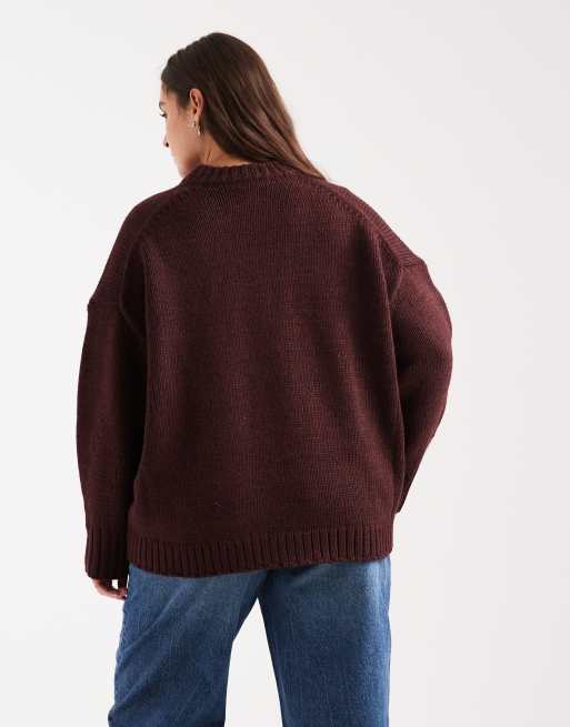 ASOS DESIGN Curve super oversized chunky crew neck sweater with curved hem in burgundy