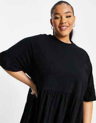 asos design super oversized frill sleeve smock dress ASOS DESIGN Curve super oversized frill sleeve smock dress in black