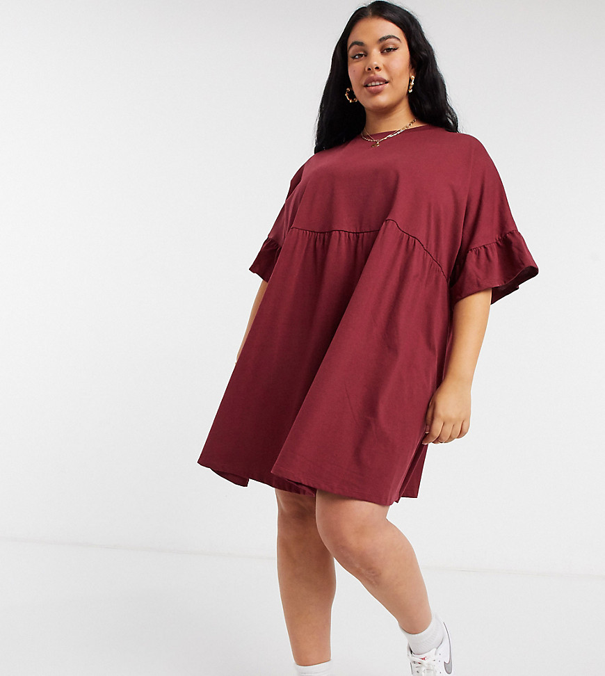 ASOS DESIGN Curve super oversized frill sleeve smock dress in oxblood-Red