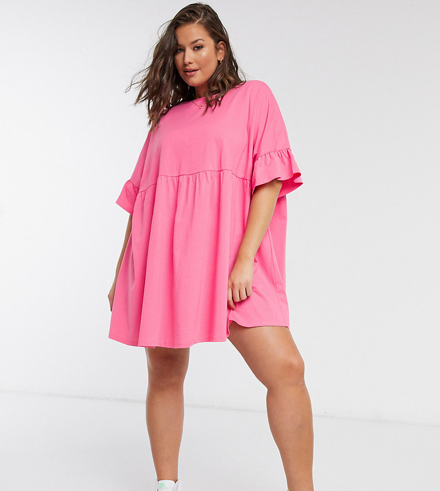ASOS DESIGN Curve super oversized frill sleeve smock in bright pink
