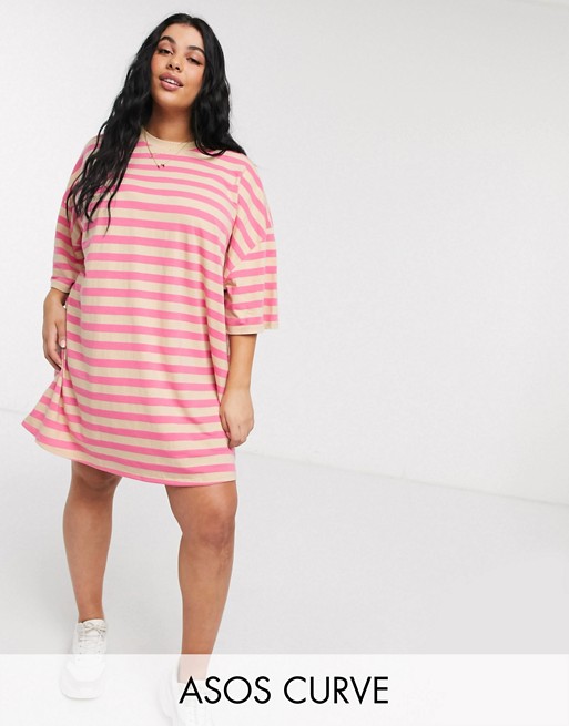 ASOS DESIGN Curve super oversized t-shirt dress in pink and camel in stripe