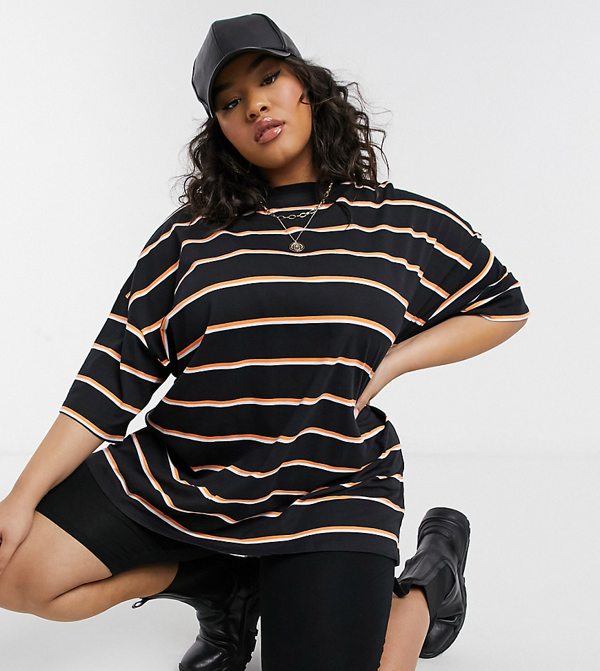 ASOS DESIGN Curve super oversized t-shirt with mixed stripe in black white and orange-Multi