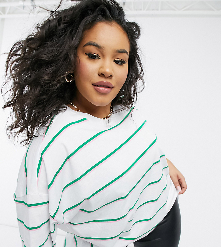 ASOS DESIGN Curve super oversized t-shirt with mixed stripe in white pink and green-Multi