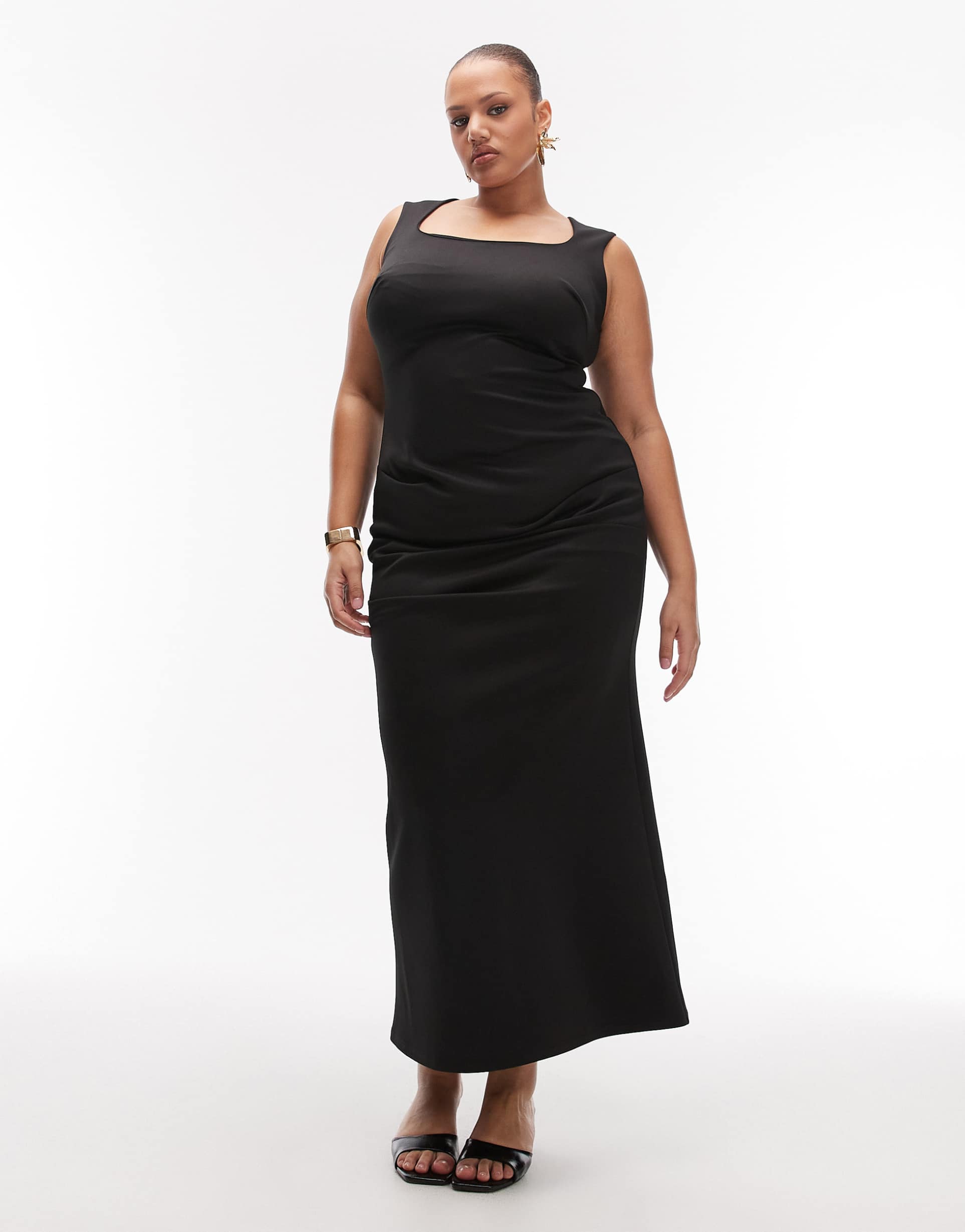 asos design curve super scoop cami sculpted maxi dress in black scuba-style fabric