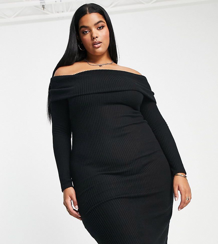 ASOS DESIGN Curve super-soft bardot midi sweater dress in black