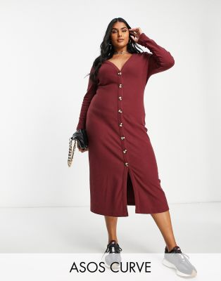 ASOS DESIGN Curve super soft button through cardigan midi dress in burgundy-Red