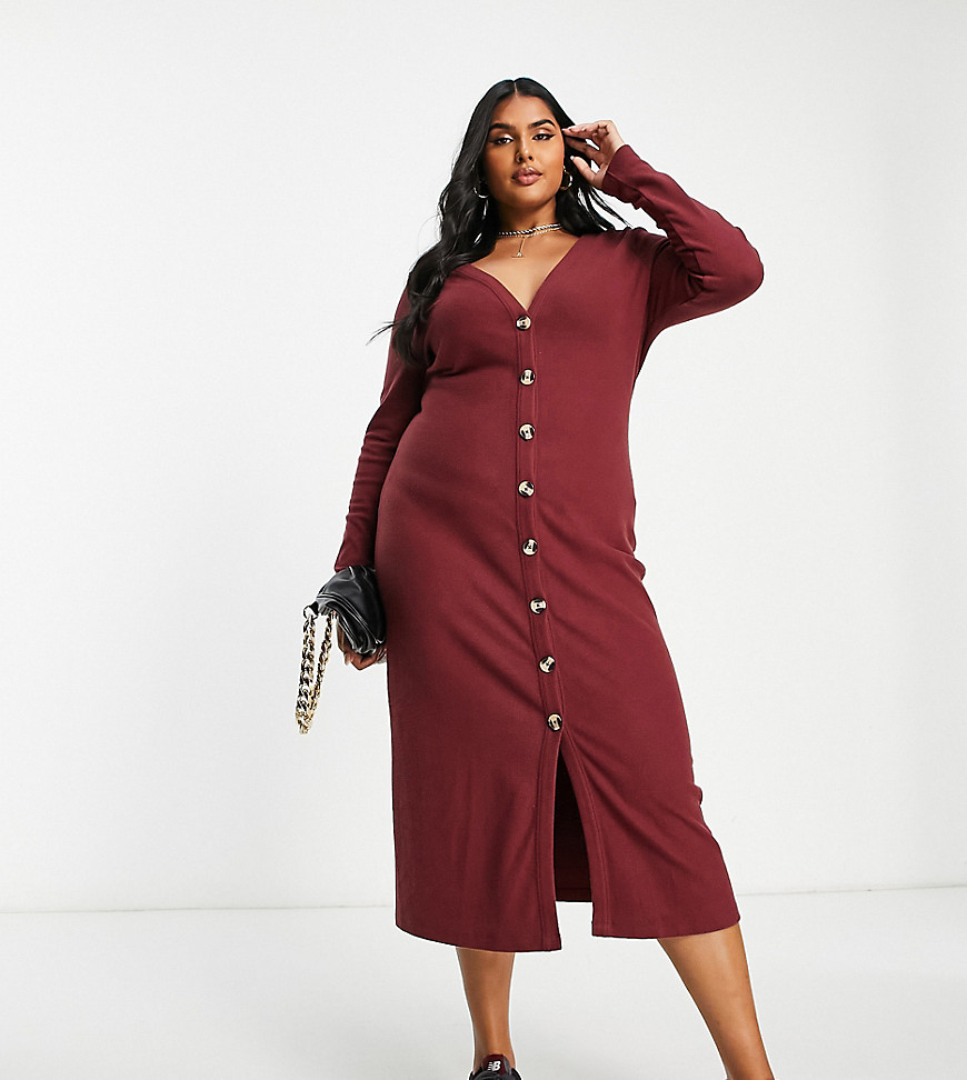 ASOS DESIGN Curve super soft button through cardigan midi dress in burgundy-Red
