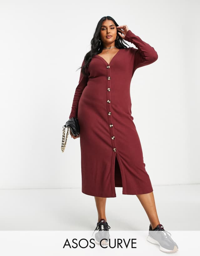 ASOS DESIGN Curve super soft button through cardigan midi dress in burgundy