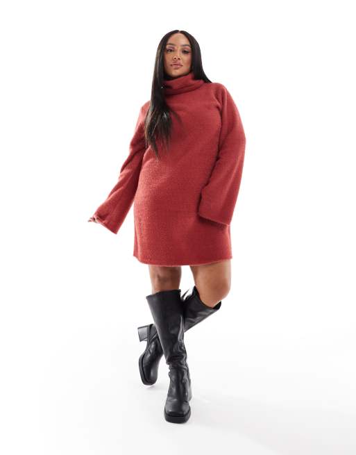 ASOS DESIGN Curve super soft fluffy roll neck mini sweater dress rust