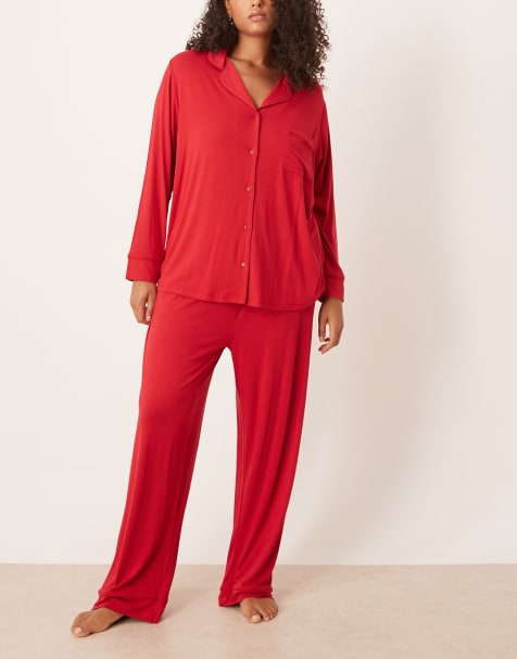 ASOS DESIGN Curve super soft long sleeve shirt & pants pajama set in red - view 1
